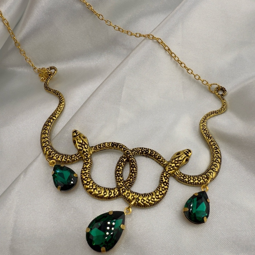 Serpent Anthropologie Serpentine Gold Snake Necklace with Green Accents